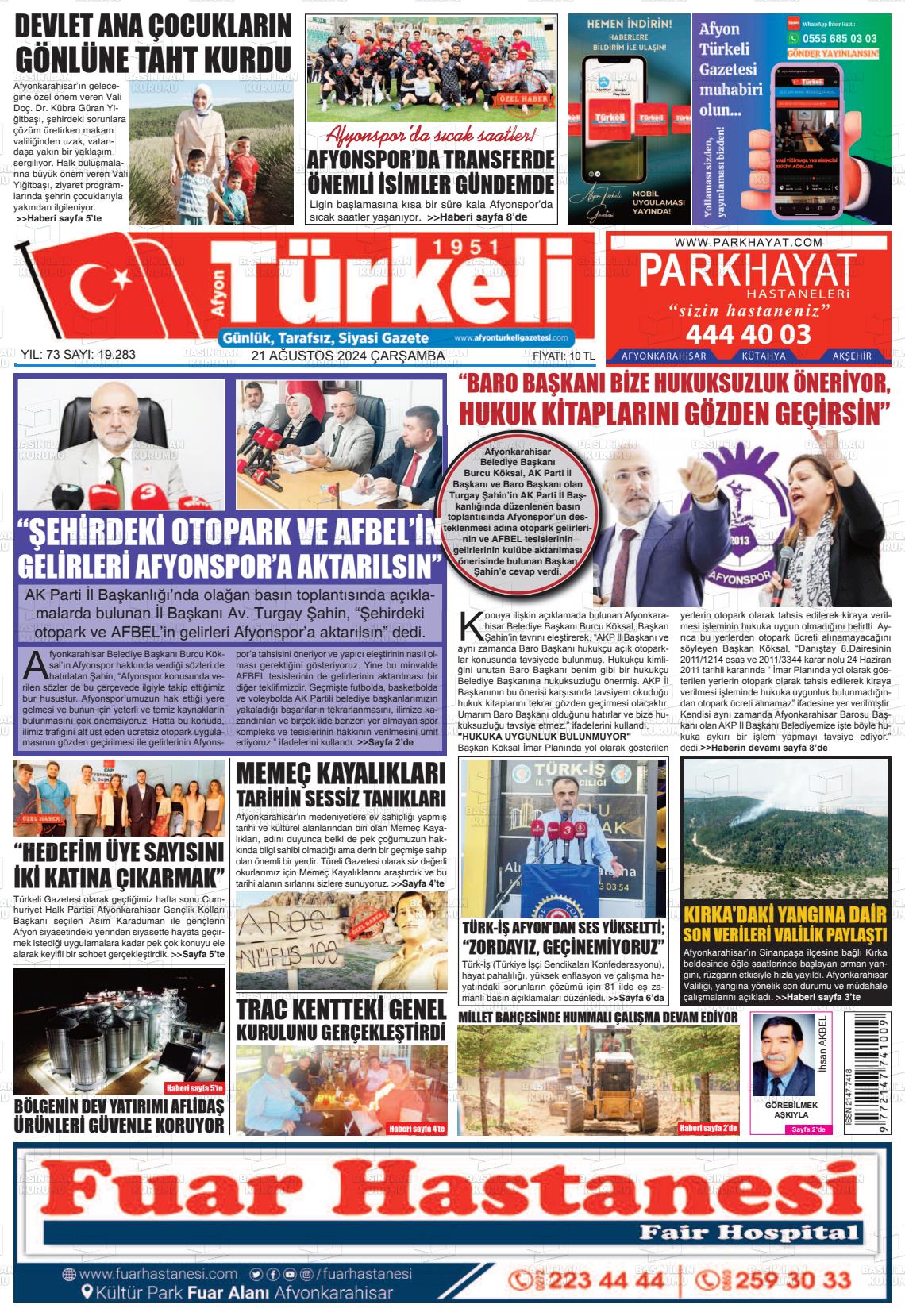 21 Ağustos 2024 Afyon Türkeli Gazete Manşeti