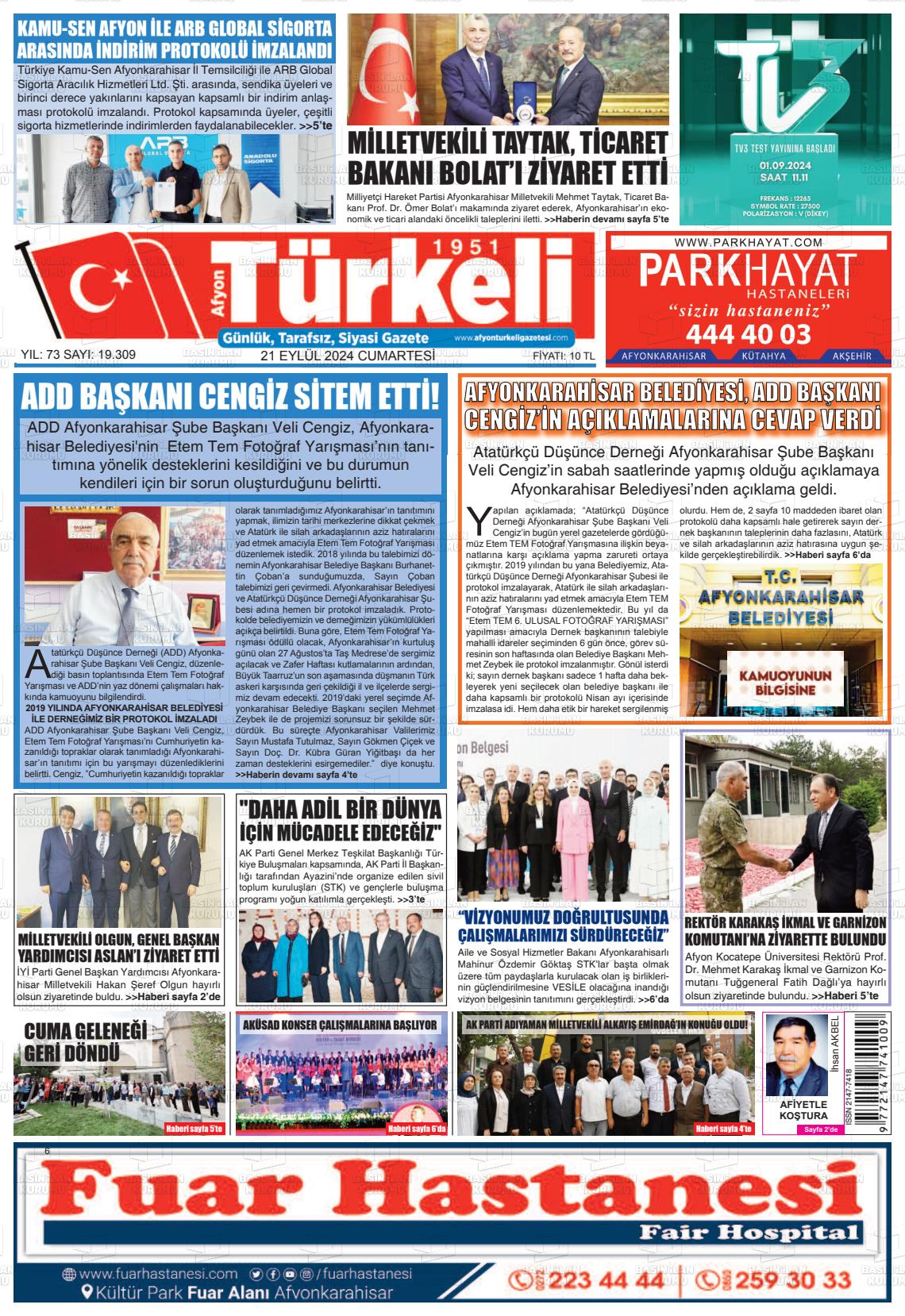 21 Eylül 2024 Afyon Türkeli Gazete Manşeti