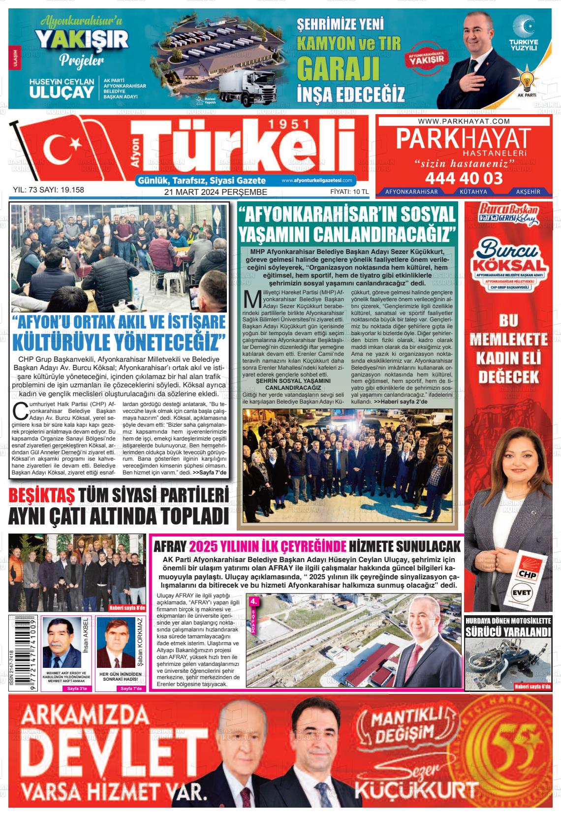 21 Mart 2024 Afyon Türkeli Gazete Manşeti