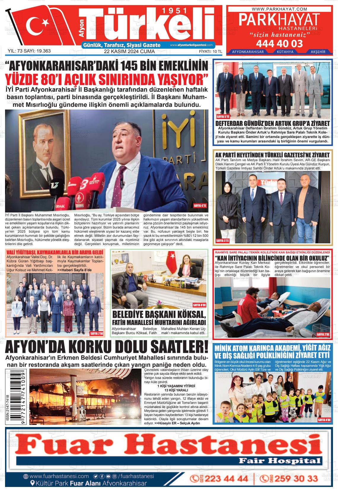 22 Kasım 2024 Afyon Türkeli Gazete Manşeti