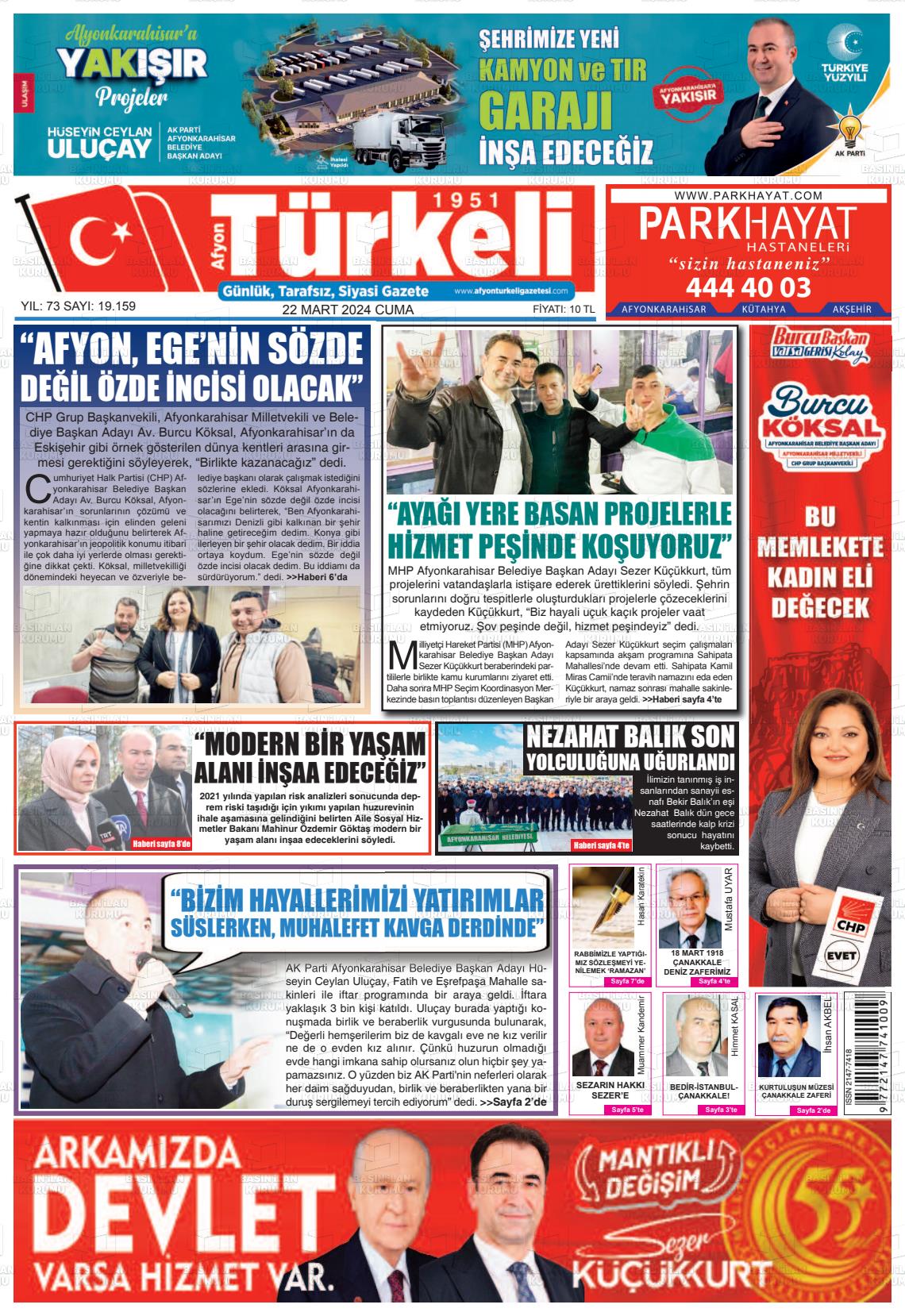 22 Mart 2024 Afyon Türkeli Gazete Manşeti