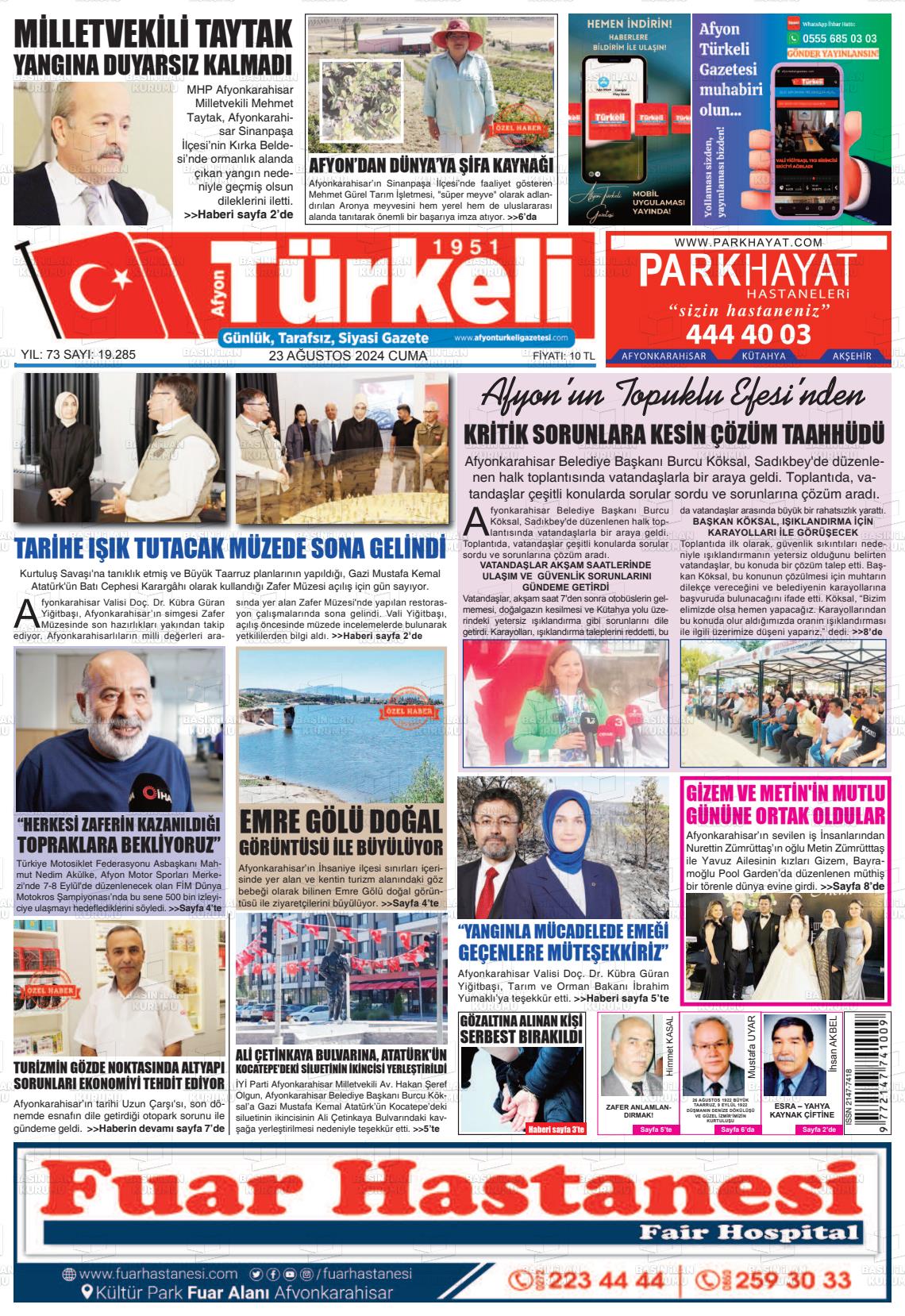 23 Ağustos 2024 Afyon Türkeli Gazete Manşeti