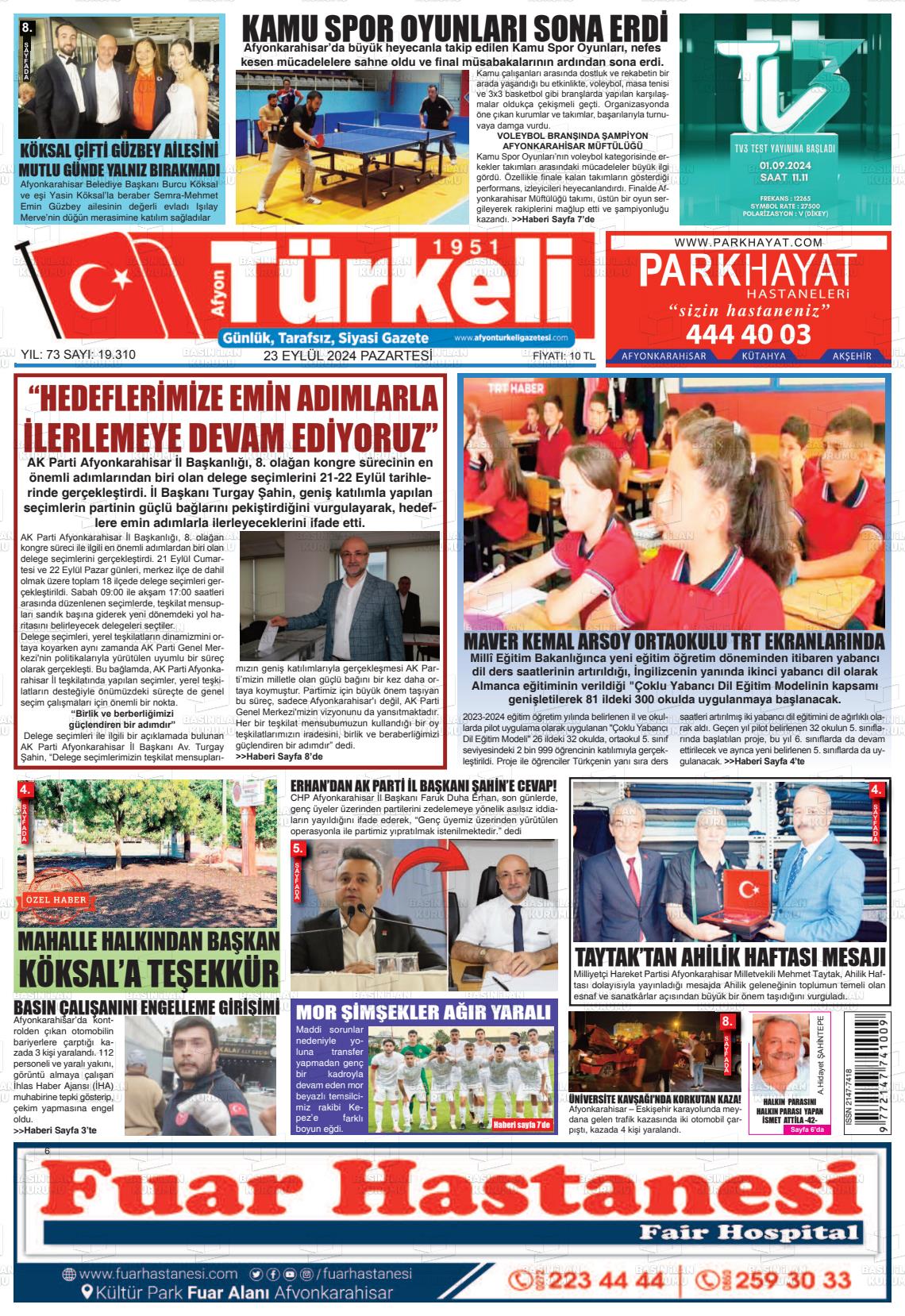 23 Eylül 2024 Afyon Türkeli Gazete Manşeti