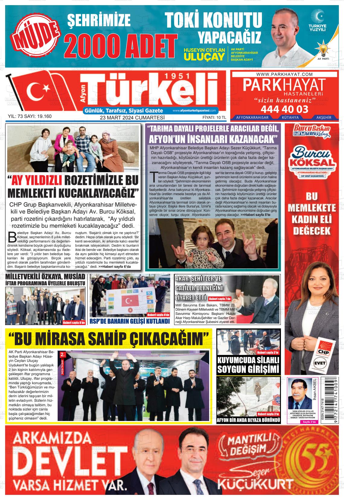 23 Mart 2024 Afyon Türkeli Gazete Manşeti