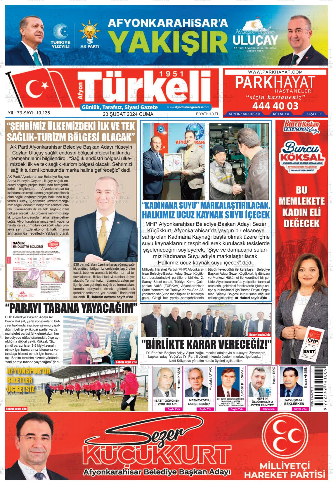 23 Şubat 2024 Afyon Türkeli Gazete Manşeti