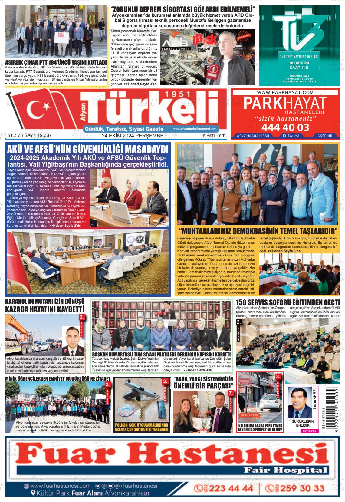 24 Ekim 2024 Afyon Türkeli Gazete Manşeti