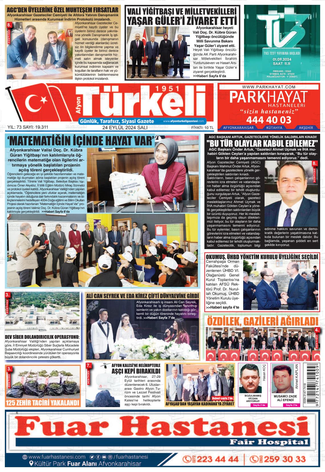 24 Eylül 2024 Afyon Türkeli Gazete Manşeti