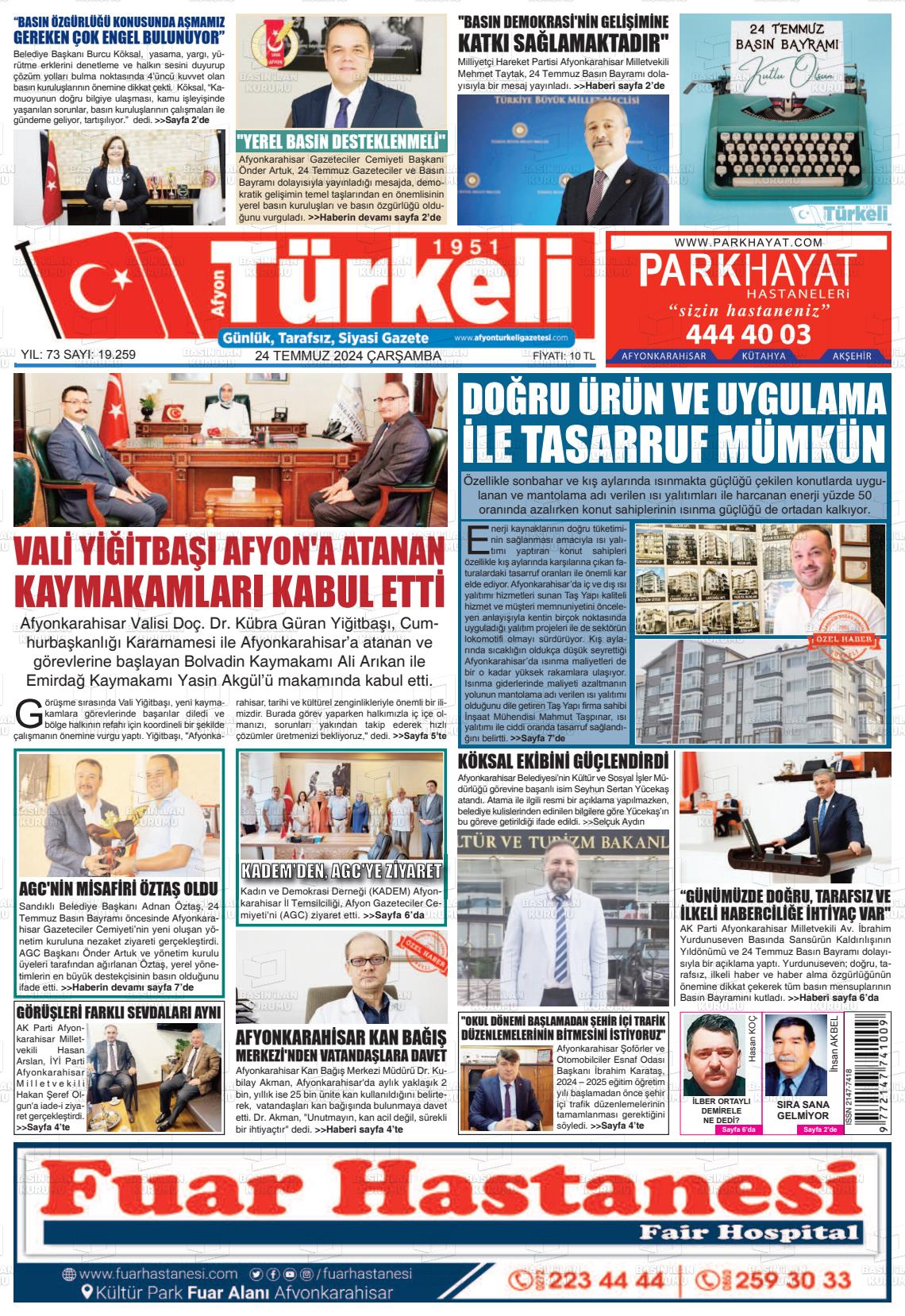 24 Temmuz 2024 Afyon Türkeli Gazete Manşeti