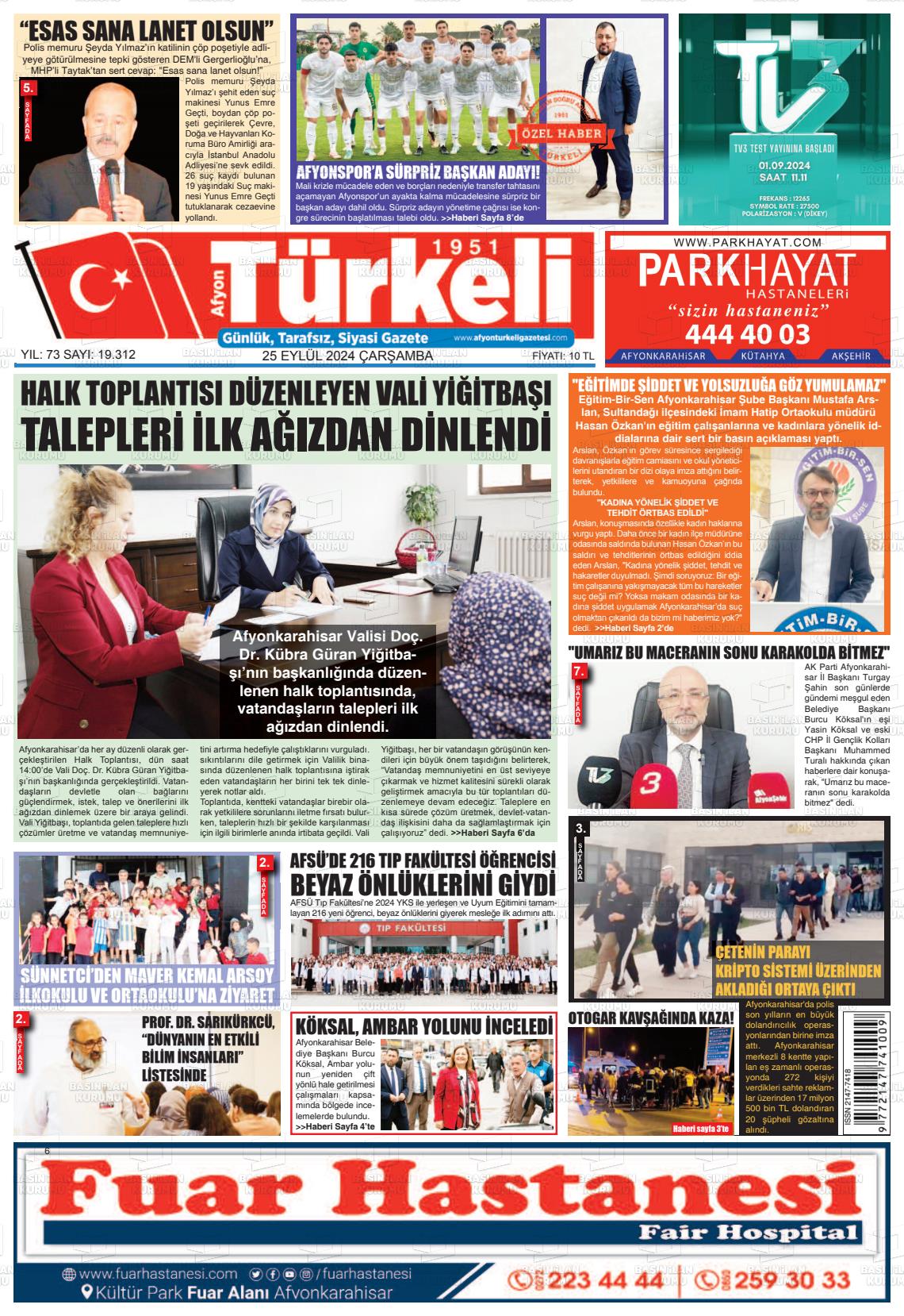 25 Eylül 2024 Afyon Türkeli Gazete Manşeti