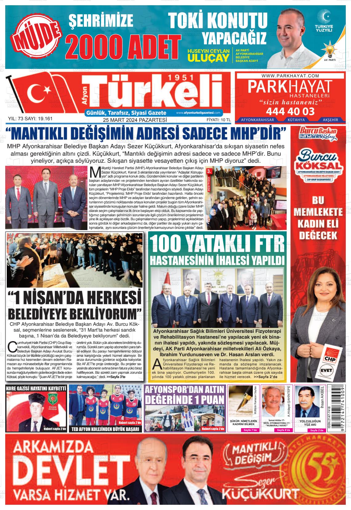 25 Mart 2024 Afyon Türkeli Gazete Manşeti