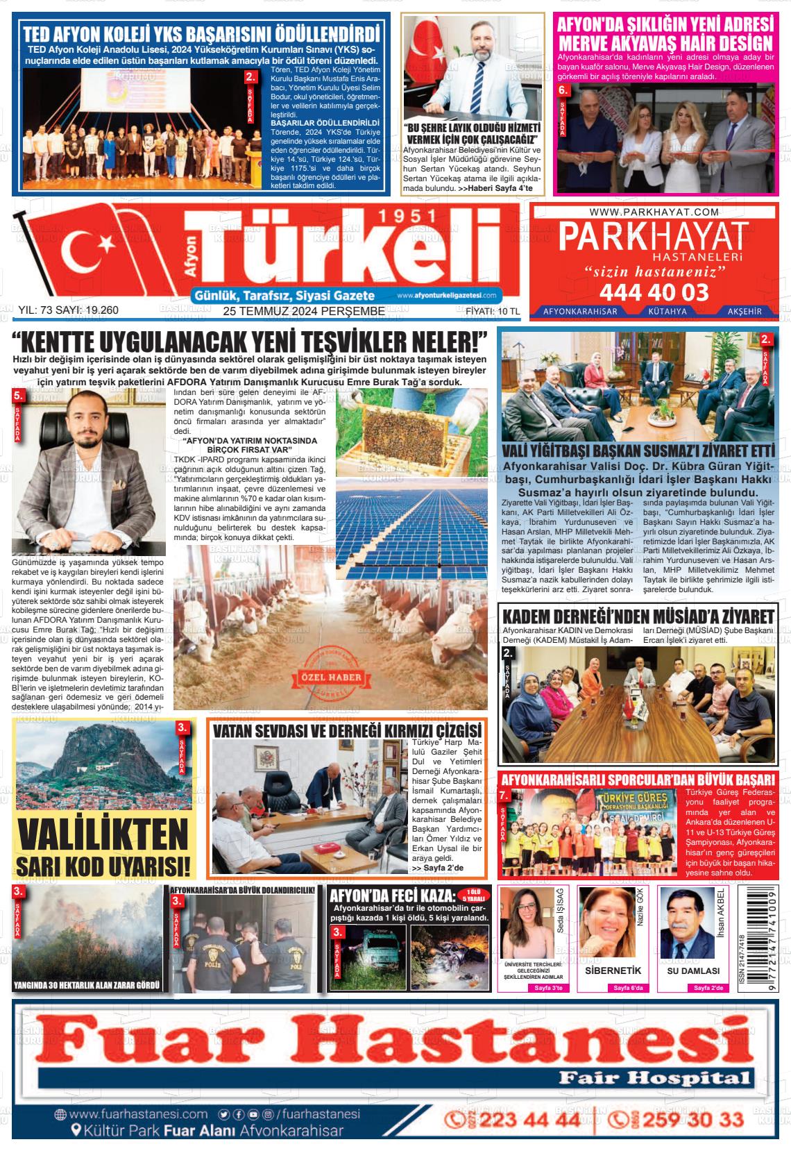 25 Temmuz 2024 Afyon Türkeli Gazete Manşeti