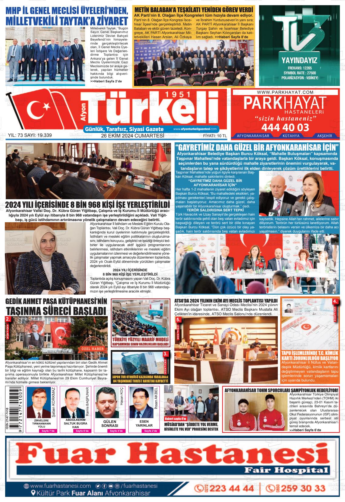 26 Ekim 2024 Afyon Türkeli Gazete Manşeti