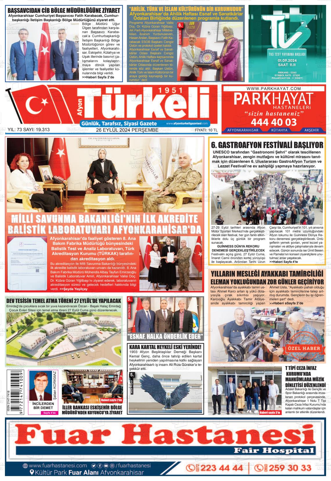 26 Eylül 2024 Afyon Türkeli Gazete Manşeti