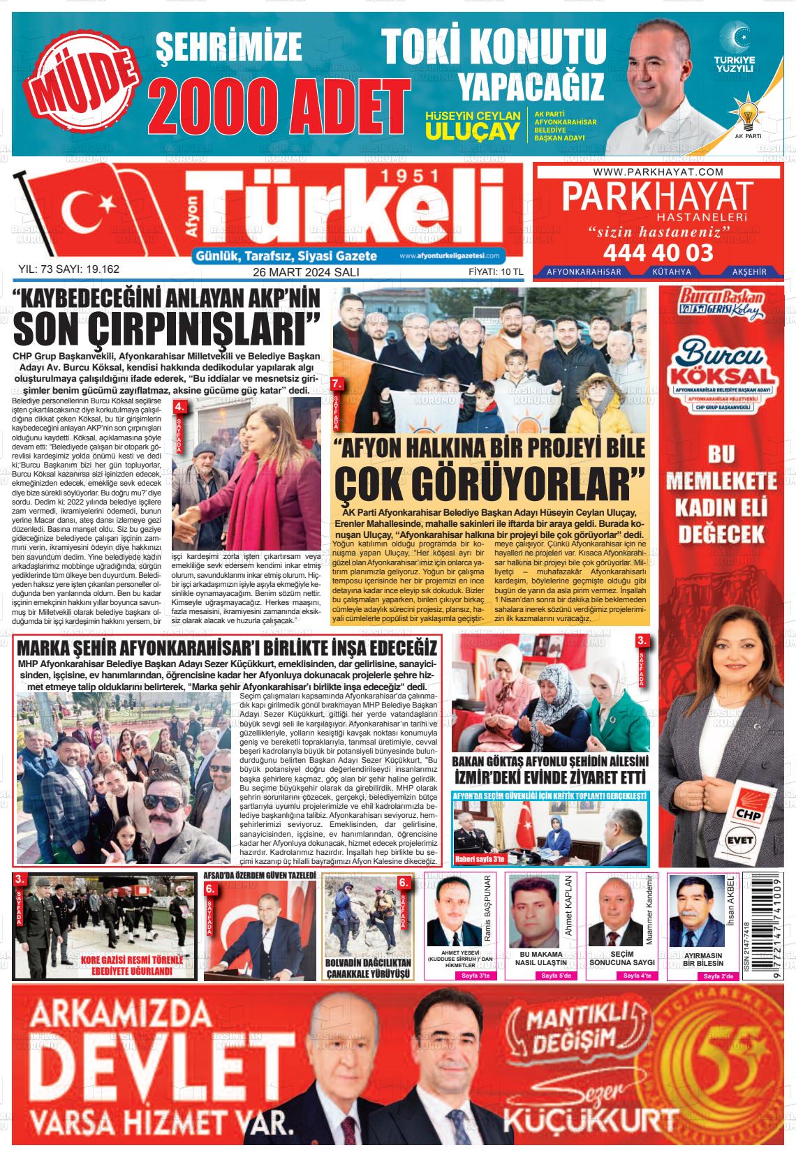 26 Mart 2024 Afyon Türkeli Gazete Manşeti