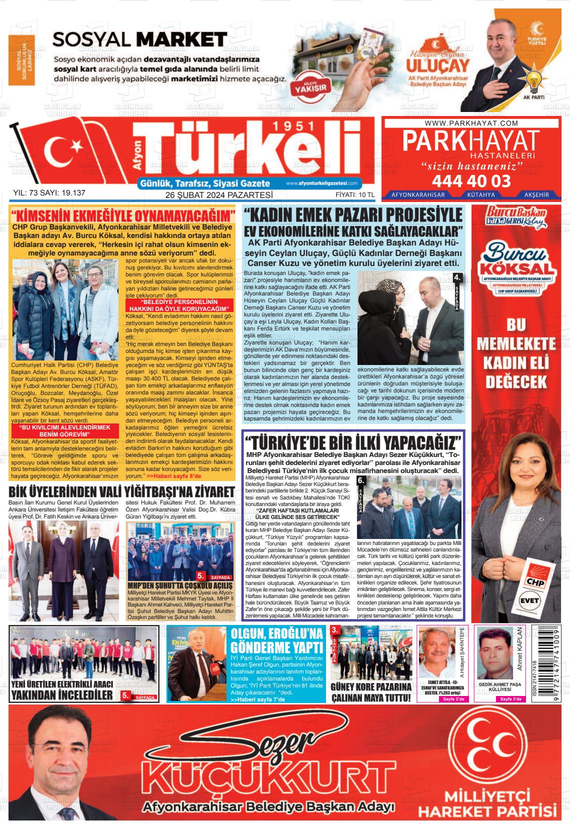 26 Şubat 2024 Afyon Türkeli Gazete Manşeti