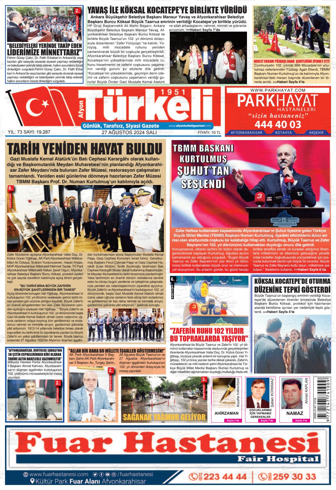 27 Ağustos 2024 Afyon Türkeli Gazete Manşeti