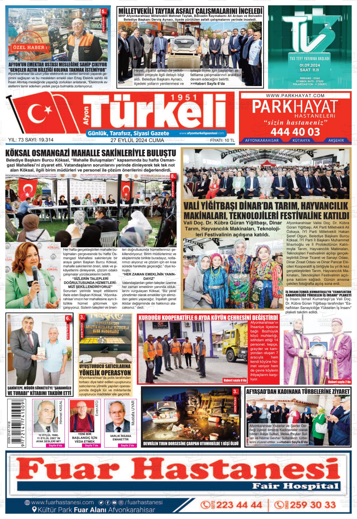 27 Eylül 2024 Afyon Türkeli Gazete Manşeti