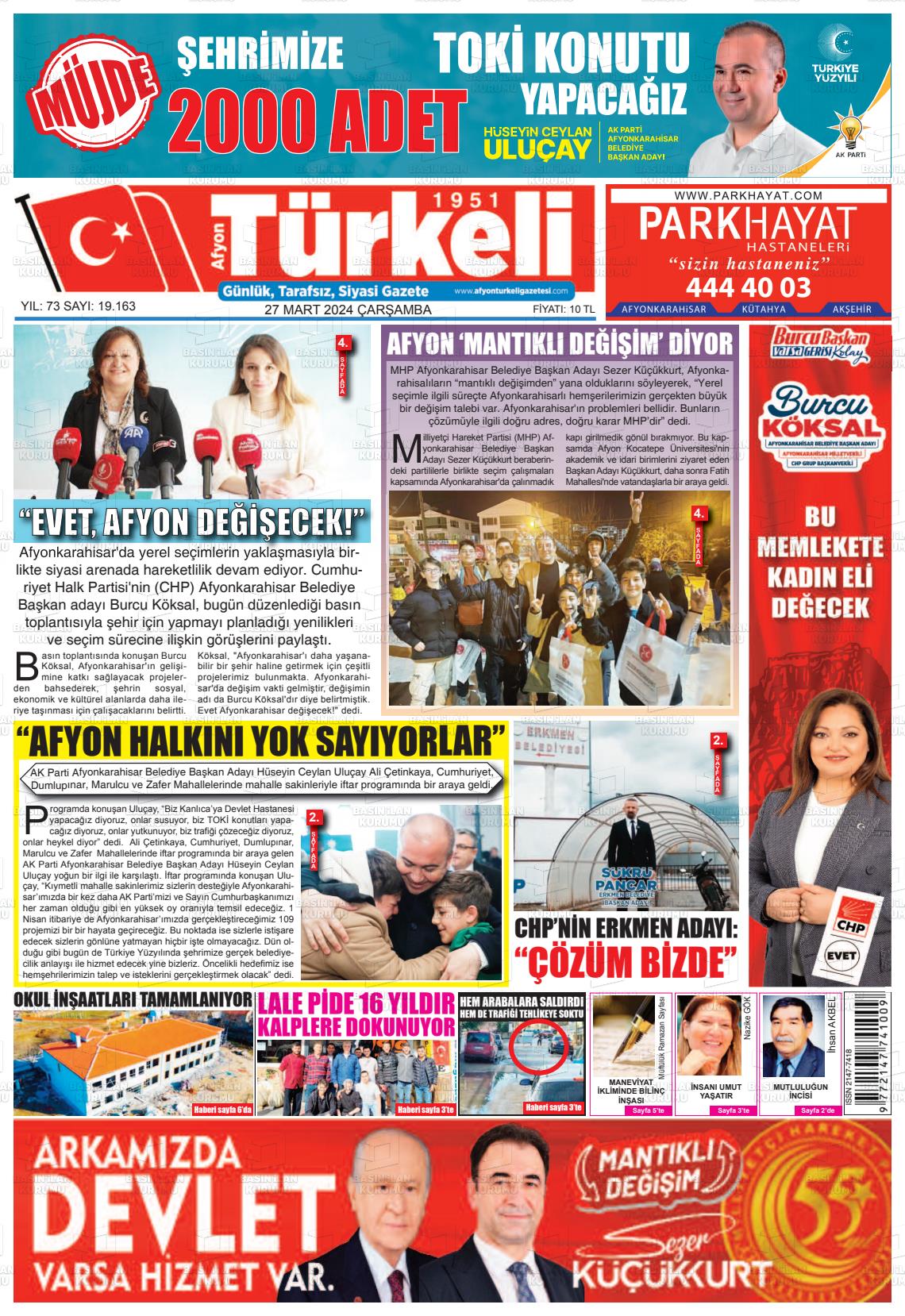 27 Mart 2024 Afyon Türkeli Gazete Manşeti