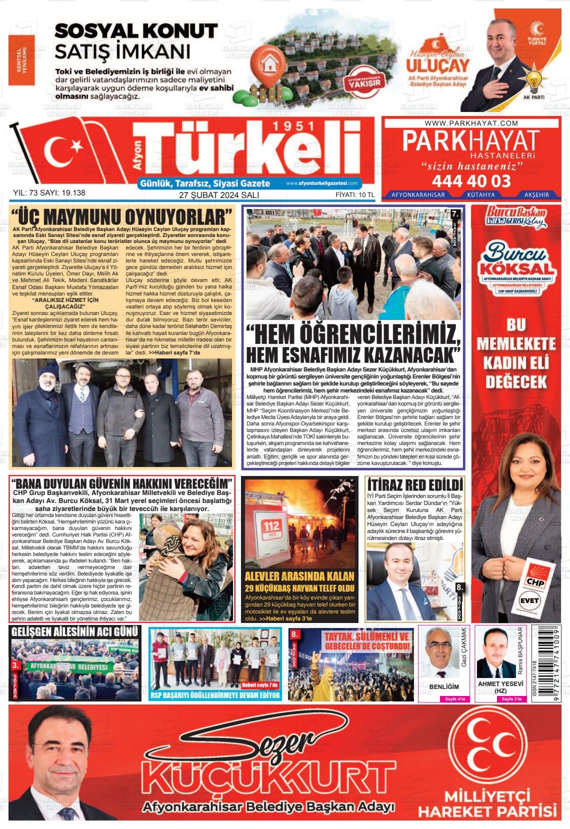 27 Şubat 2024 Afyon Türkeli Gazete Manşeti