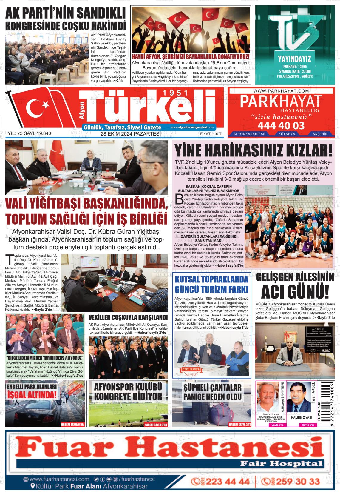 28 Ekim 2024 Afyon Türkeli Gazete Manşeti