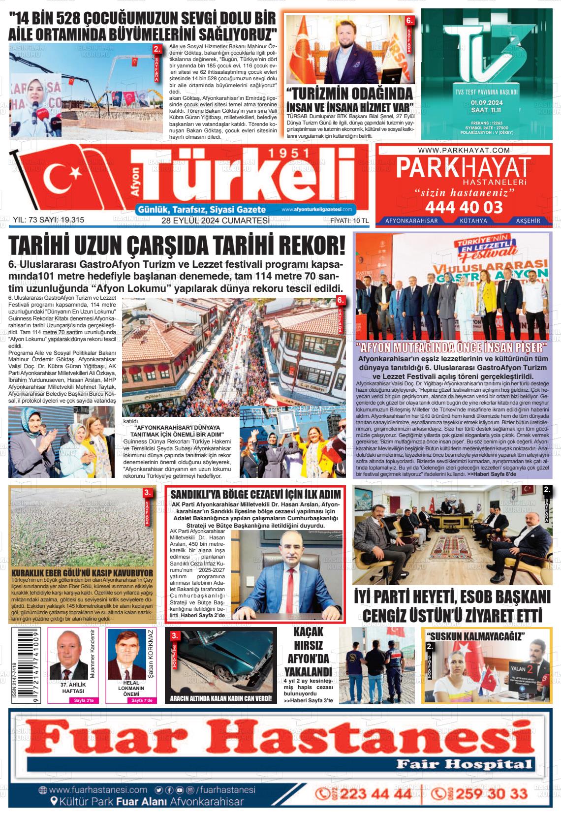 28 Eylül 2024 Afyon Türkeli Gazete Manşeti