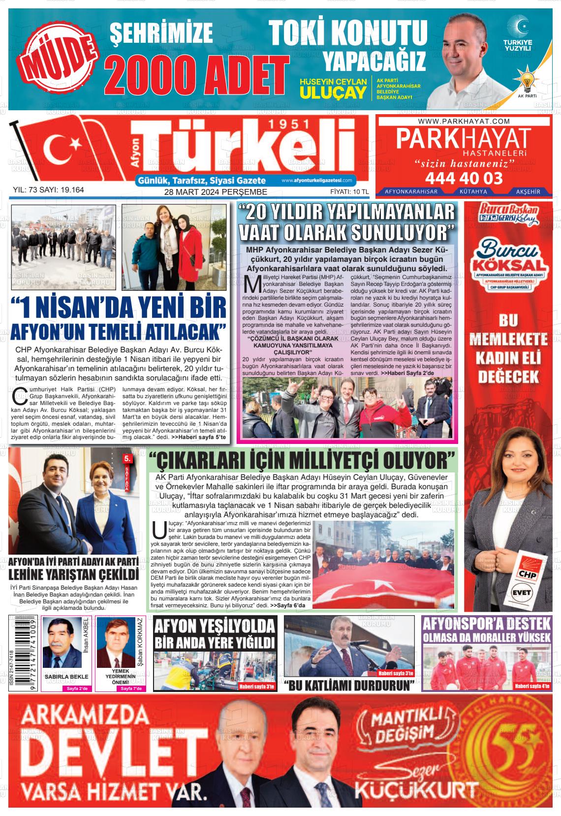 28 Mart 2024 Afyon Türkeli Gazete Manşeti