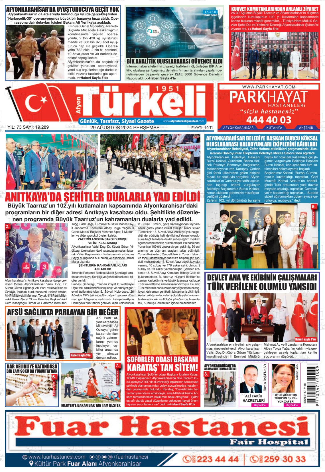 29 Ağustos 2024 Afyon Türkeli Gazete Manşeti