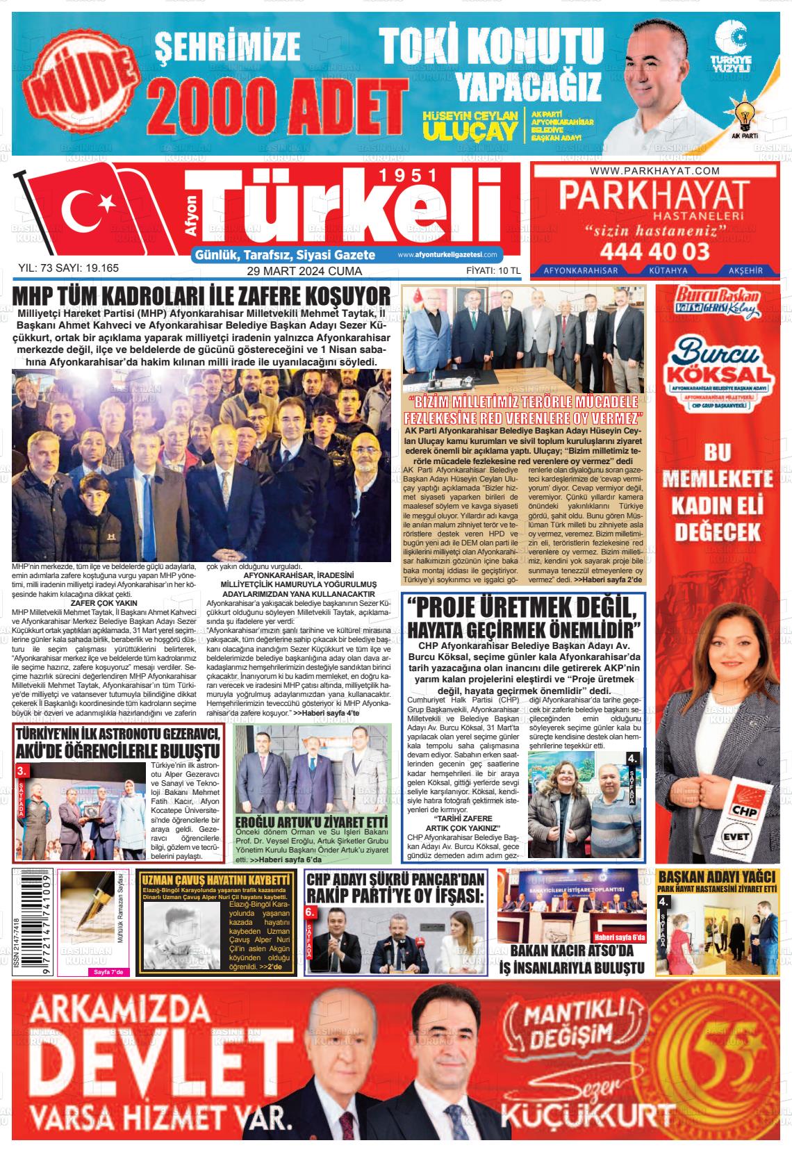 29 Mart 2024 Afyon Türkeli Gazete Manşeti