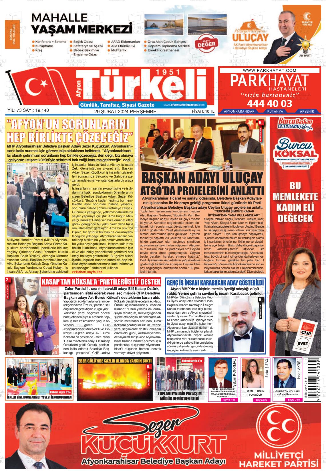 29 Şubat 2024 Afyon Türkeli Gazete Manşeti