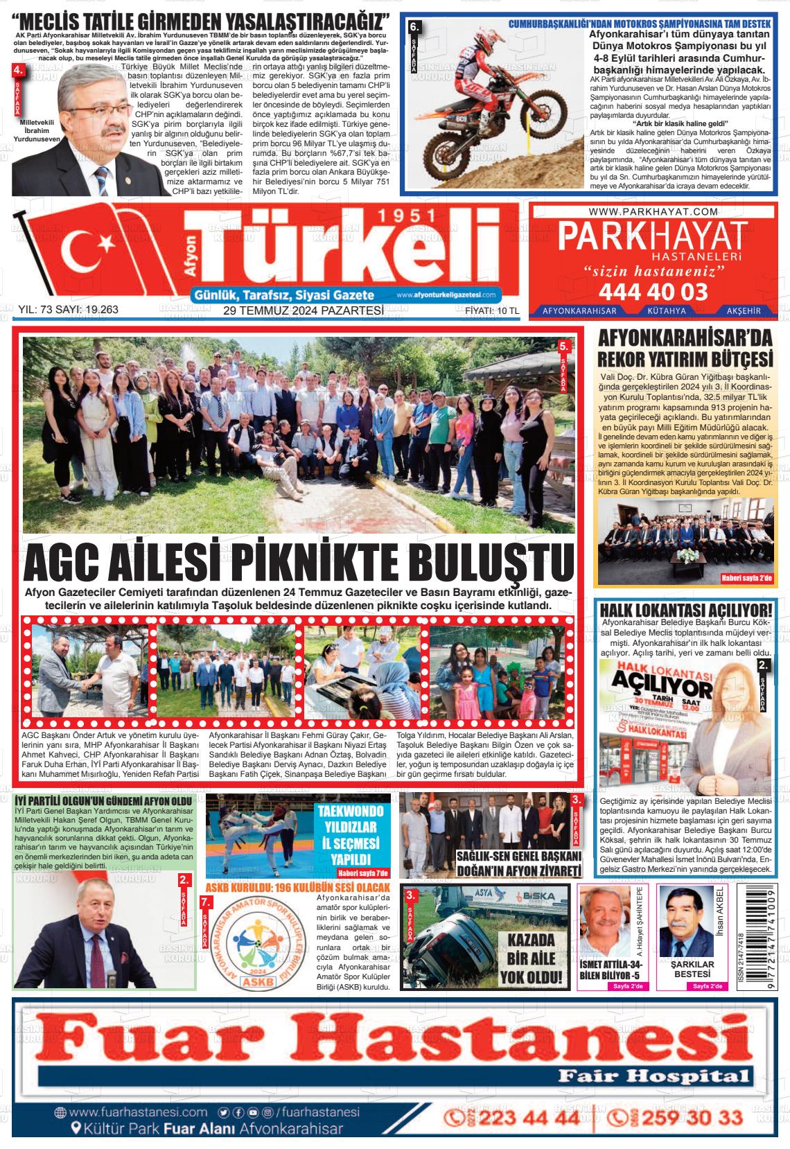 29 Temmuz 2024 Afyon Türkeli Gazete Manşeti