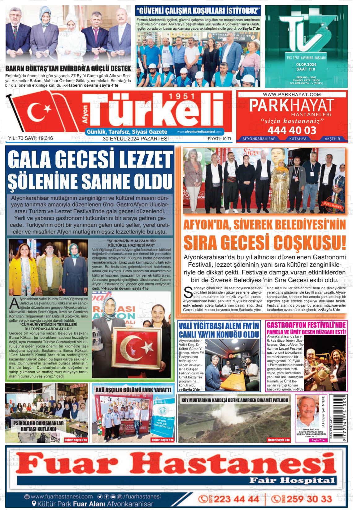 30 Eylül 2024 Afyon Türkeli Gazete Manşeti