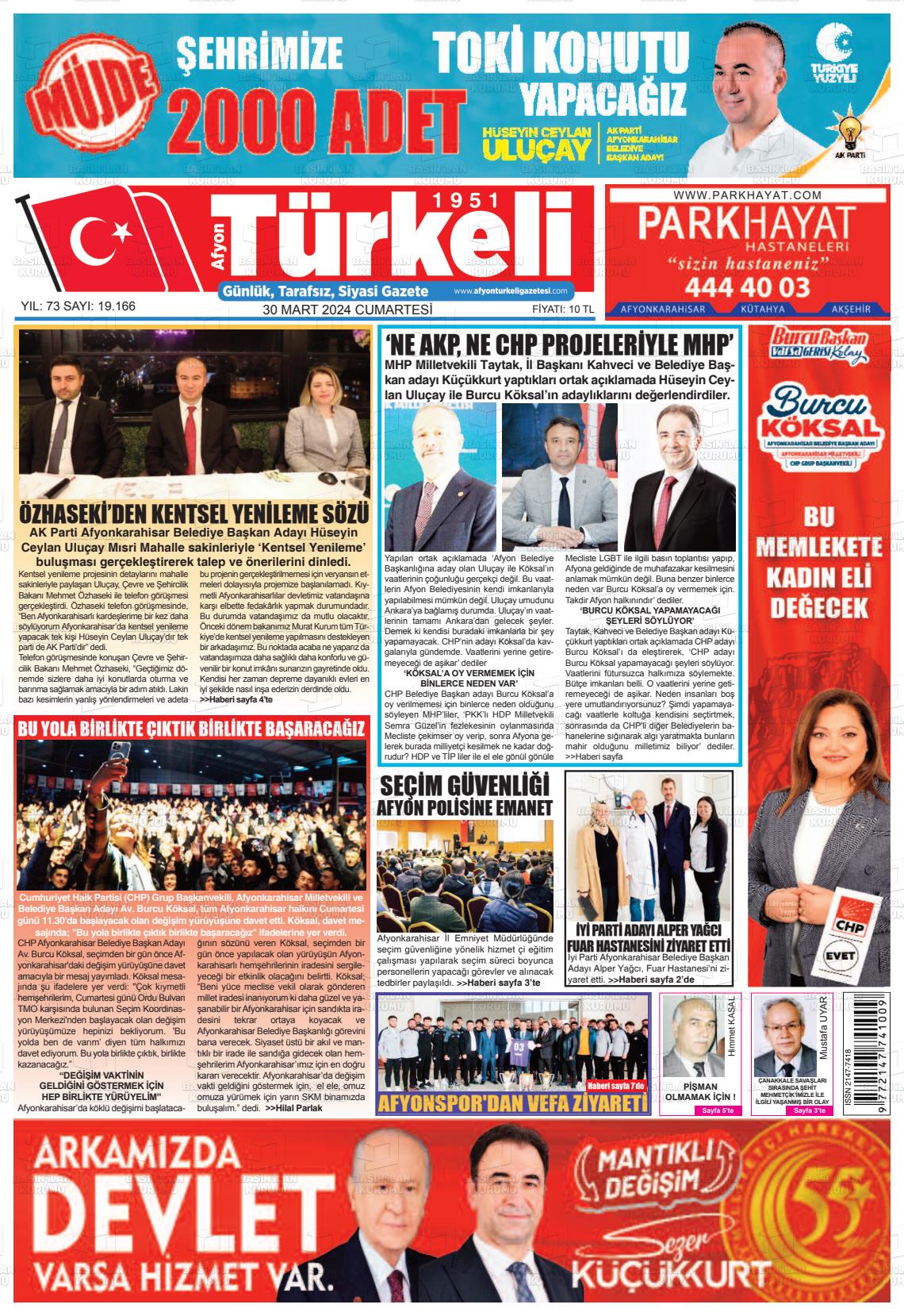 30 Mart 2024 Afyon Türkeli Gazete Manşeti