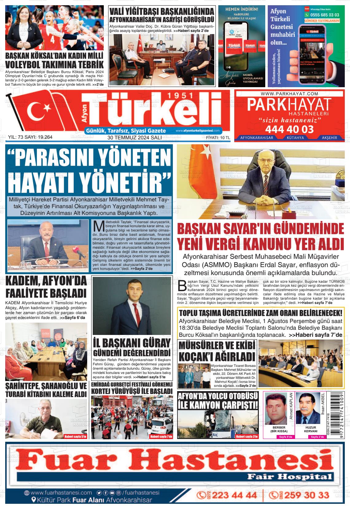 30 Temmuz 2024 Afyon Türkeli Gazete Manşeti