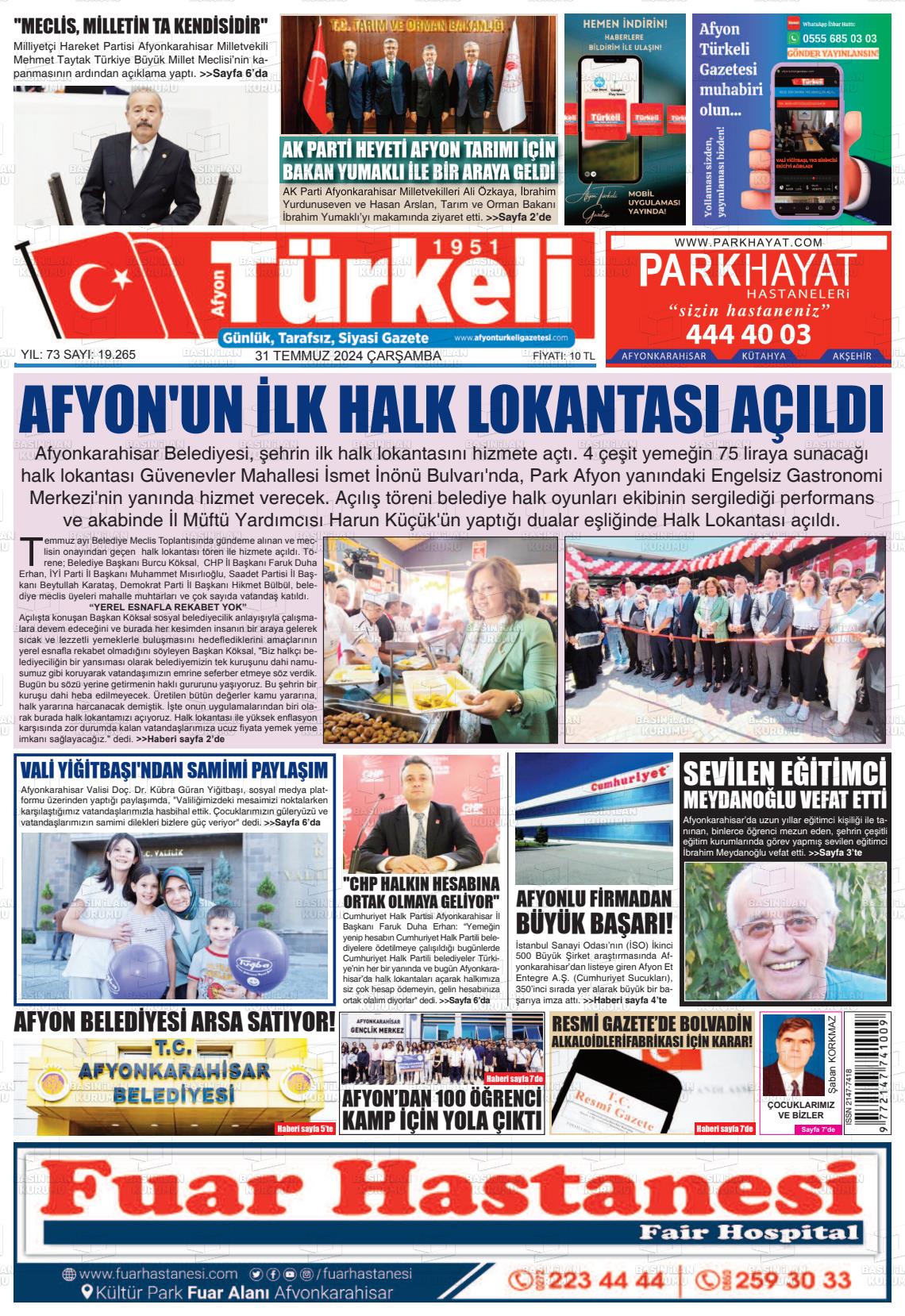 31 Temmuz 2024 Afyon Türkeli Gazete Manşeti