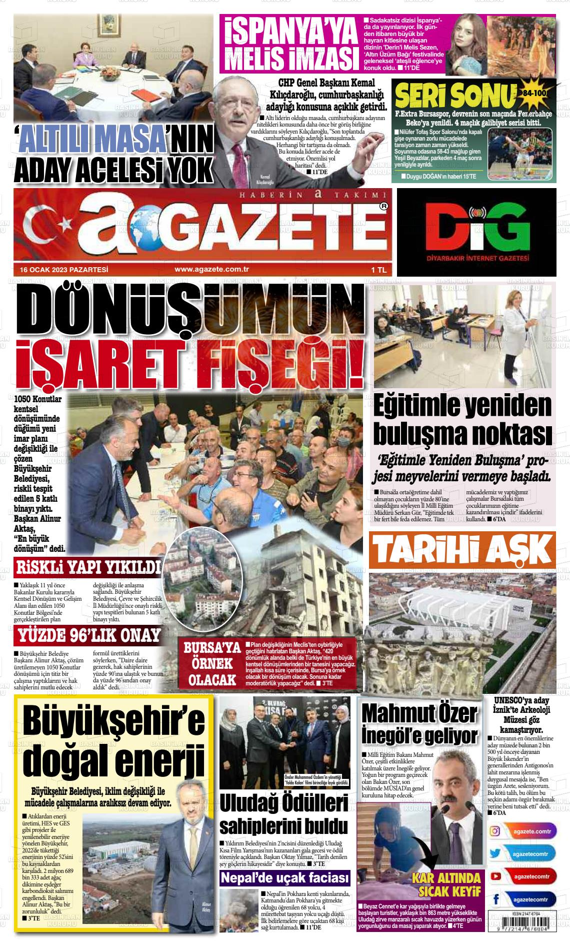 16 Ocak 2023 a gazete Gazete Manşeti