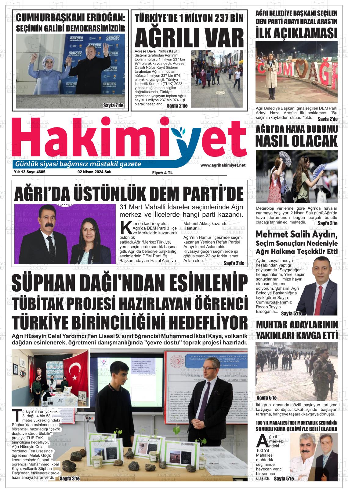 02 Nisan 2024 Ağrı Hakimiyet Gazete Manşeti