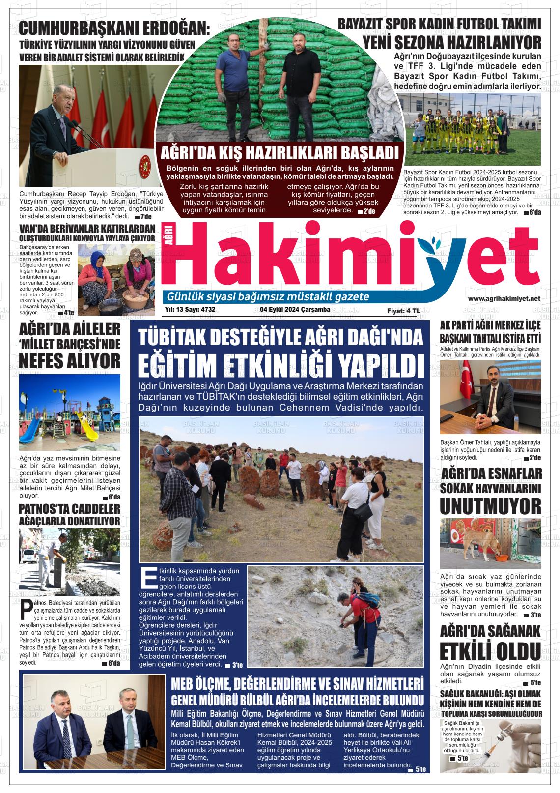 04 Eylül 2024 Ağrı Hakimiyet Gazete Manşeti