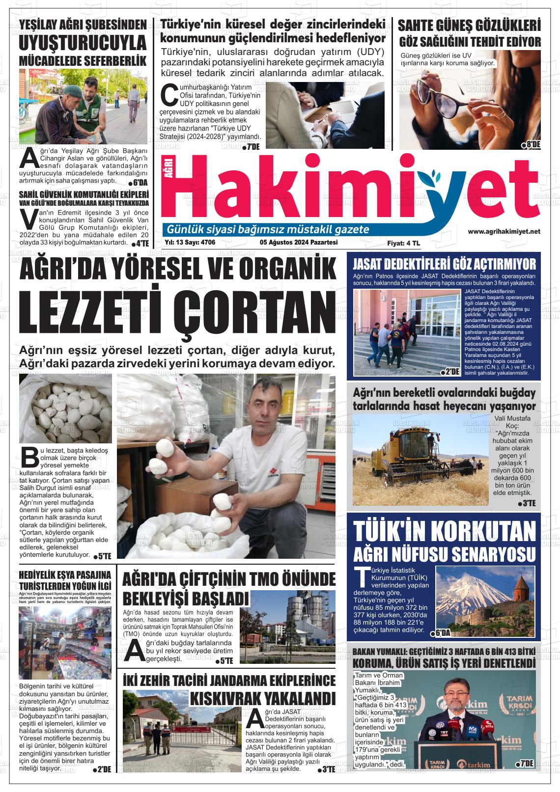 05 Ağustos 2024 Ağrı Hakimiyet Gazete Manşeti