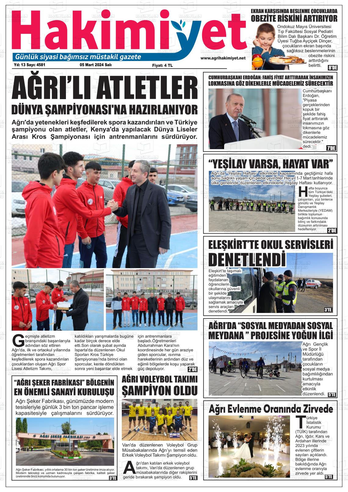 07 Mart 2024 Ağrı Hakimiyet Gazete Manşeti