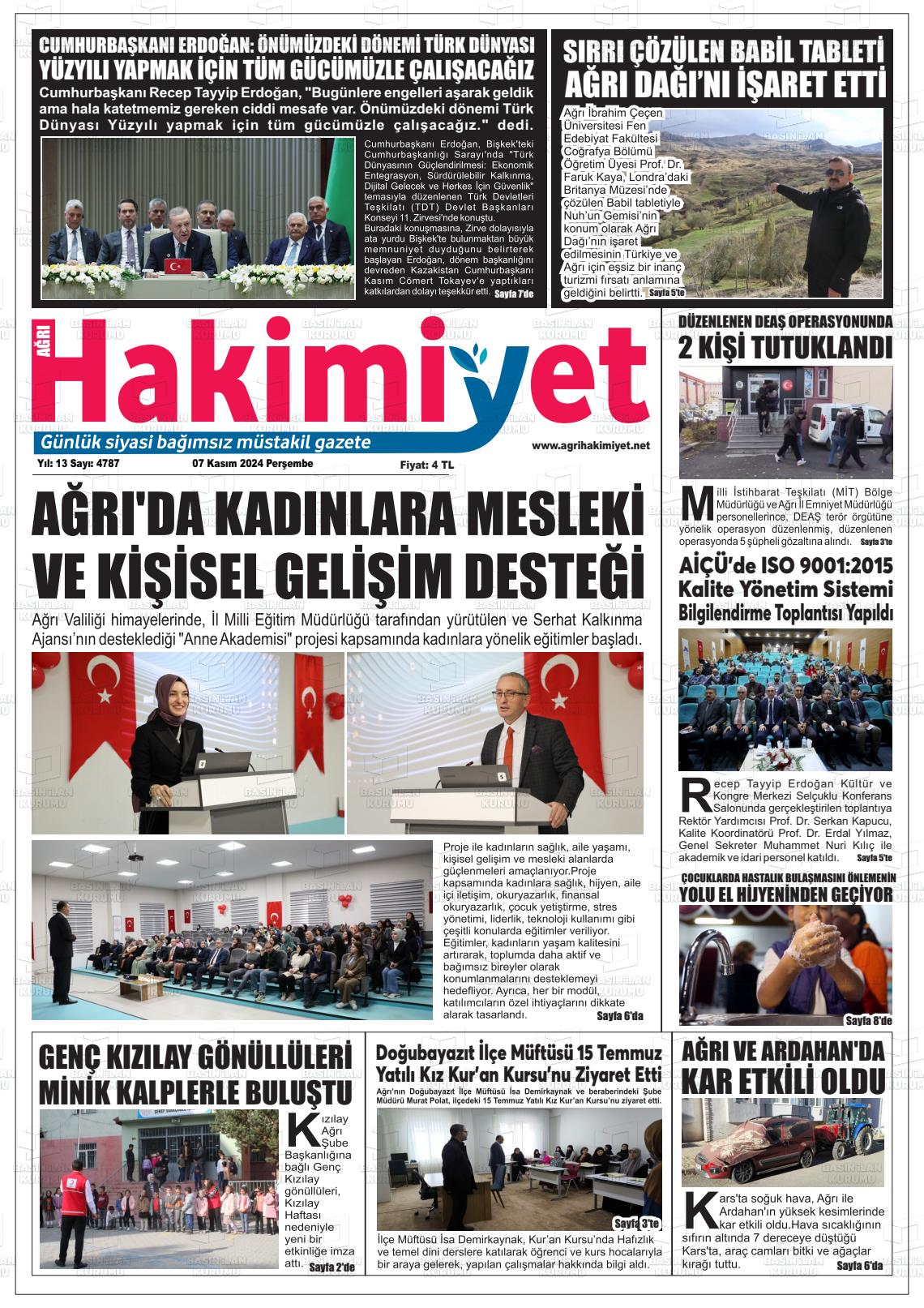 07 Kasım 2024 Ağrı Hakimiyet Gazete Manşeti