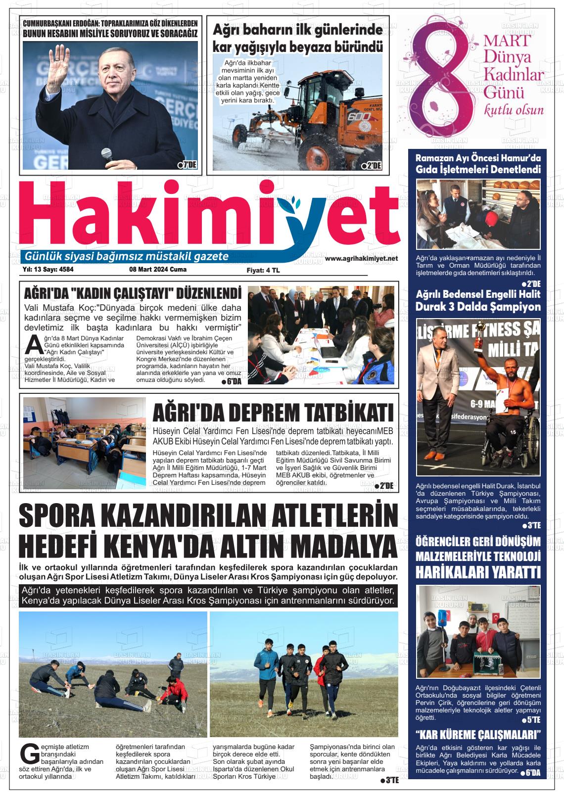 08 Mart 2024 Ağrı Hakimiyet Gazete Manşeti