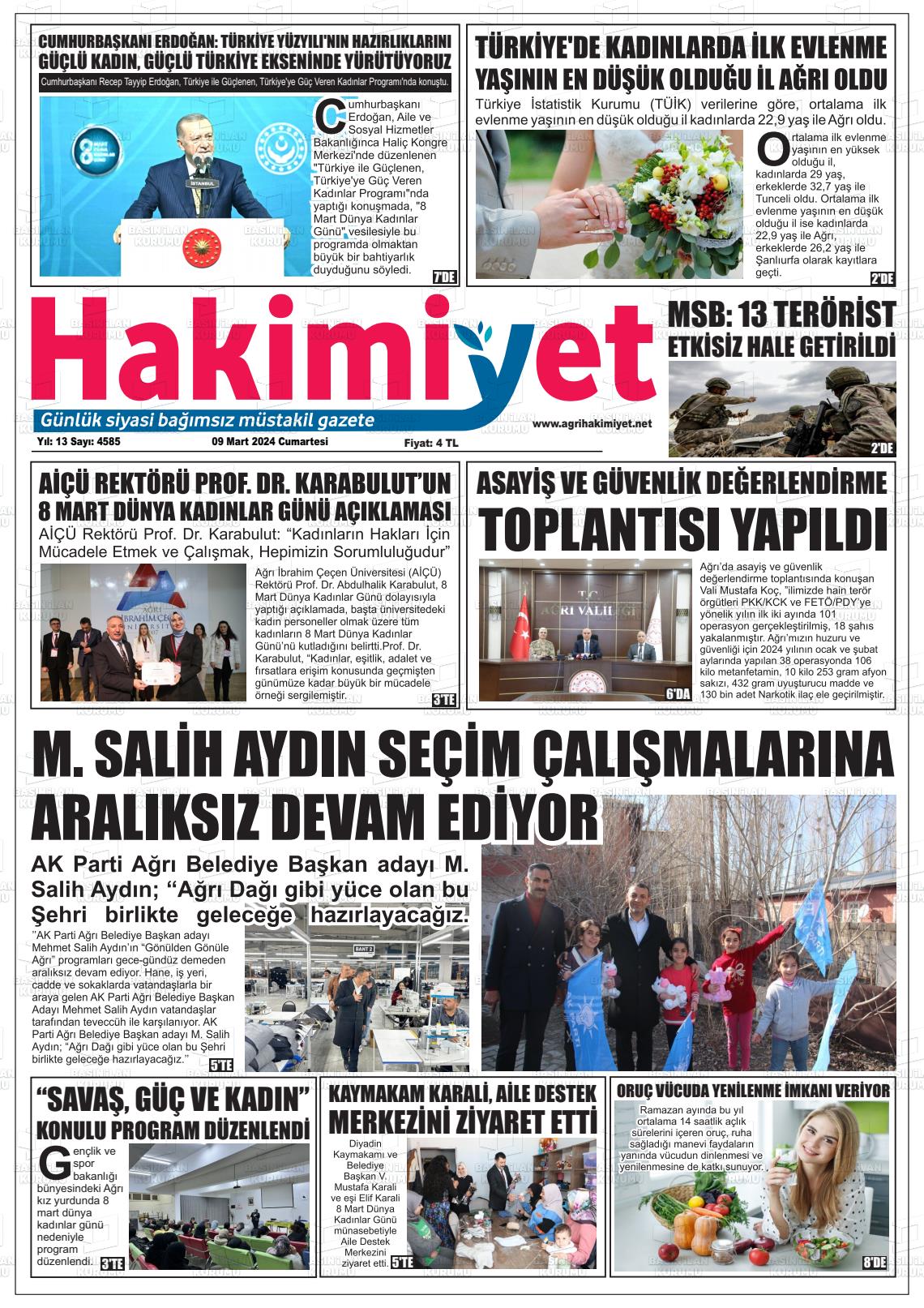 09 Mart 2024 Ağrı Hakimiyet Gazete Manşeti