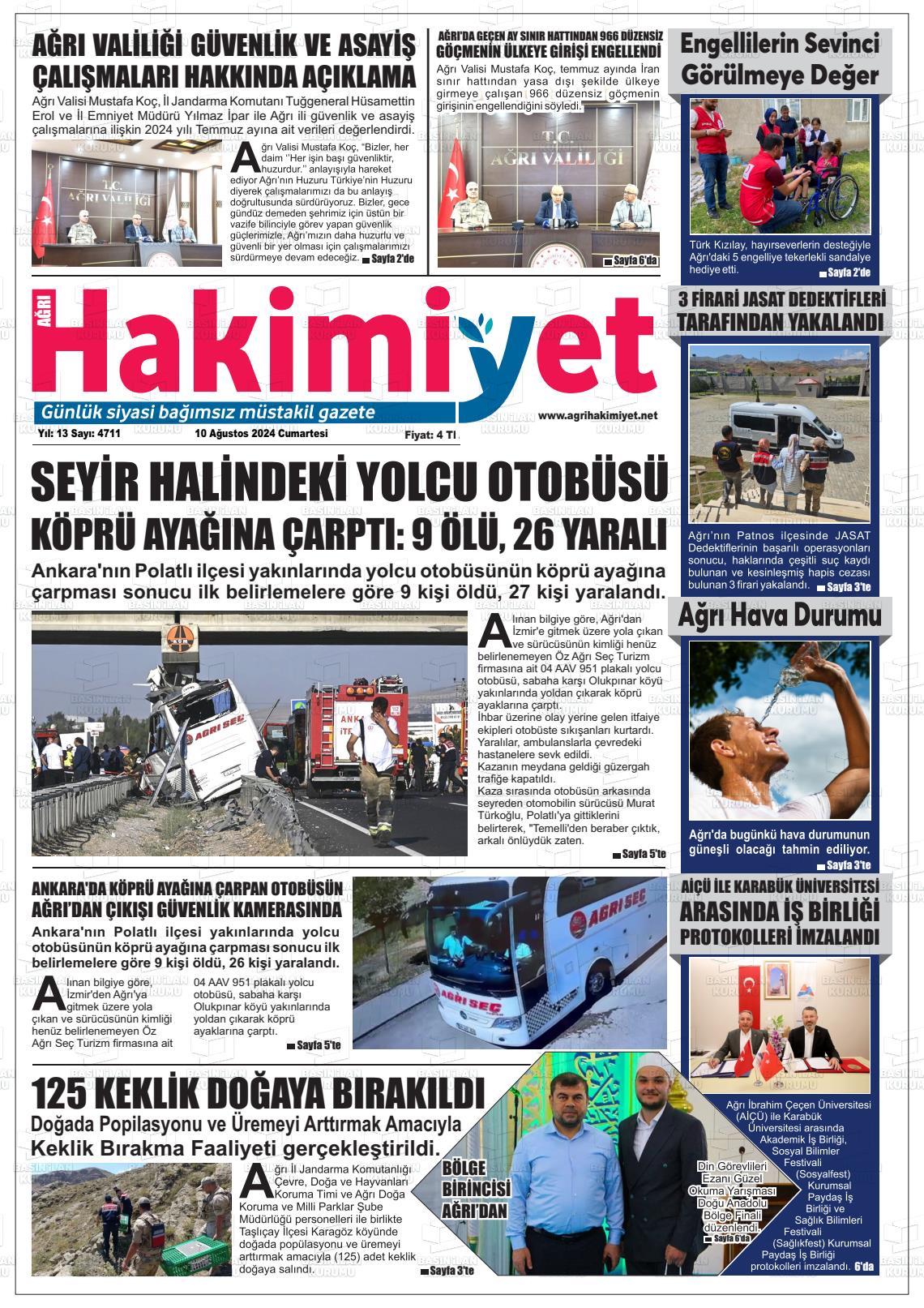 10 Ağustos 2024 Ağrı Hakimiyet Gazete Manşeti