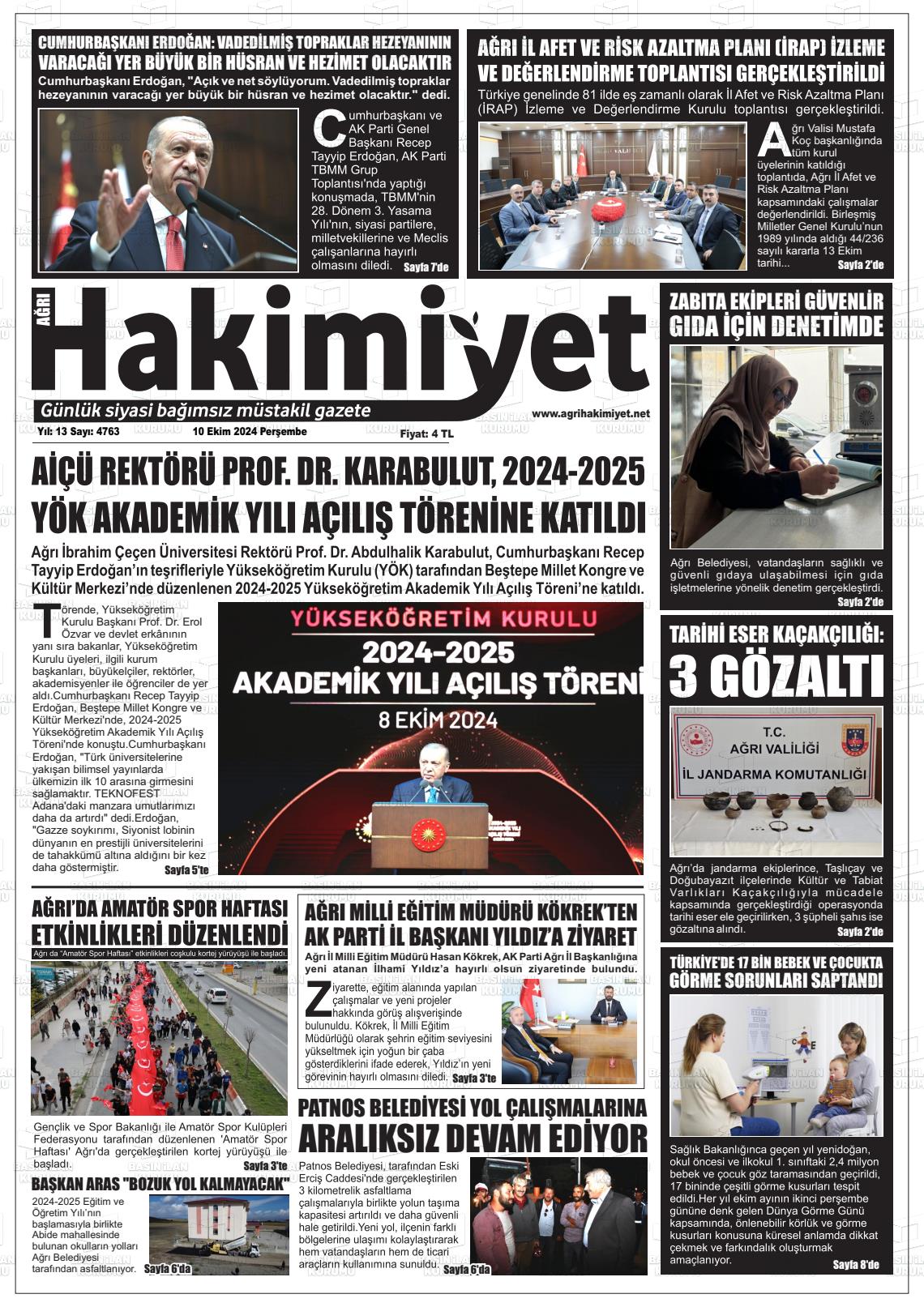 10 Ekim 2024 Ağrı Hakimiyet Gazete Manşeti