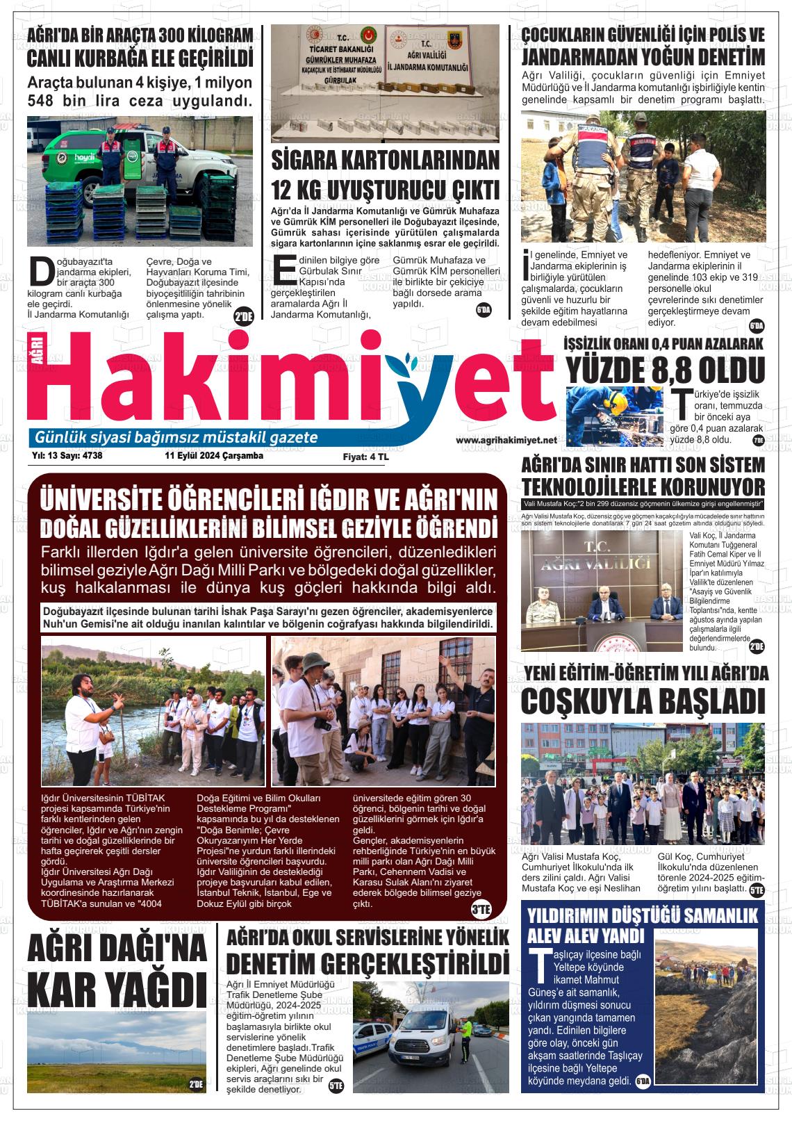 11 Eylül 2024 Ağrı Hakimiyet Gazete Manşeti