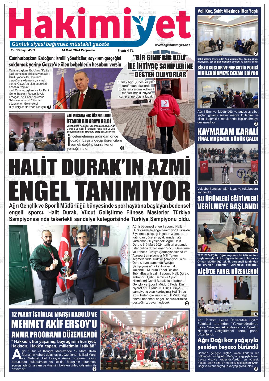 14 Mart 2024 Ağrı Hakimiyet Gazete Manşeti