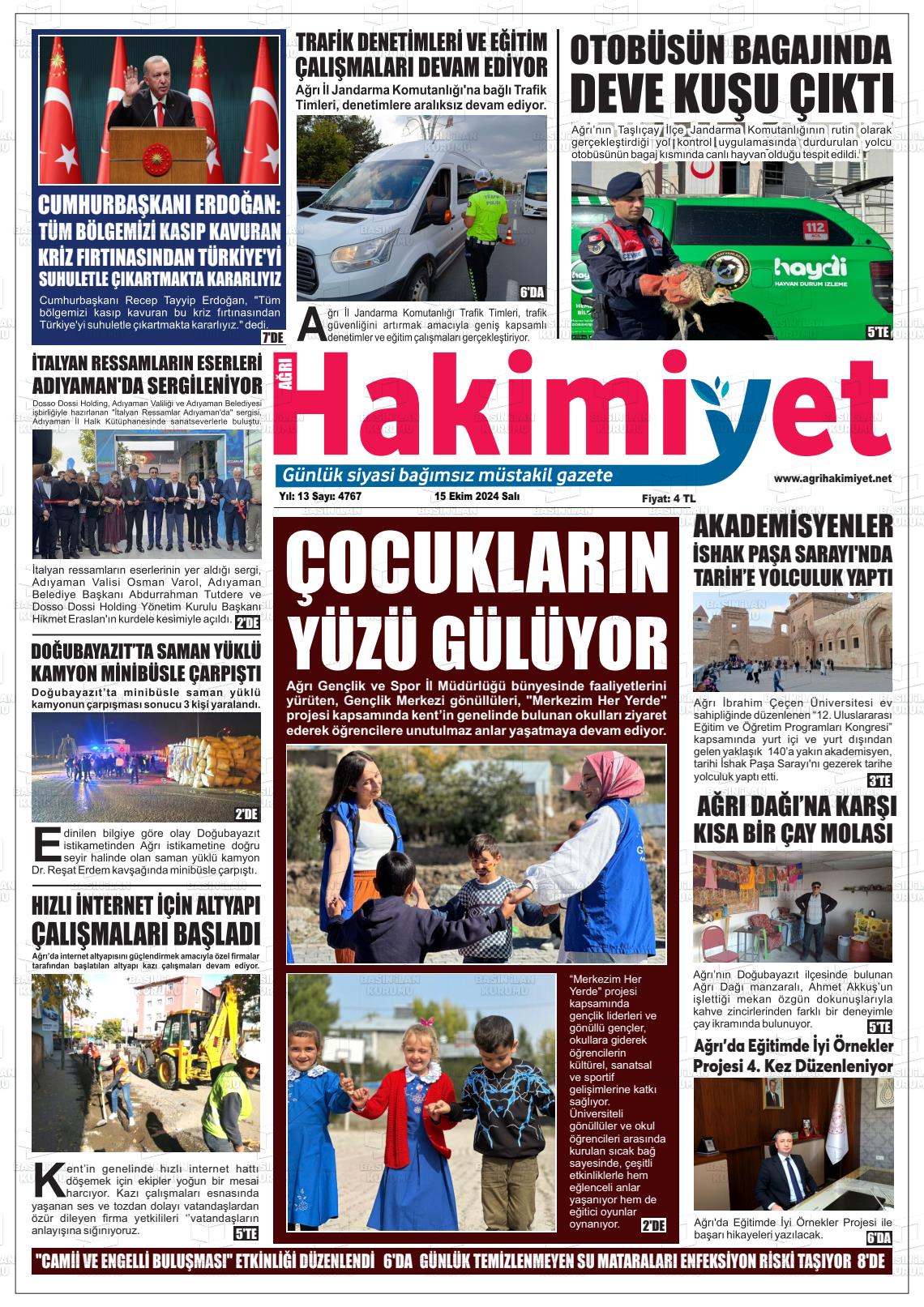 15 Ekim 2024 Ağrı Hakimiyet Gazete Manşeti