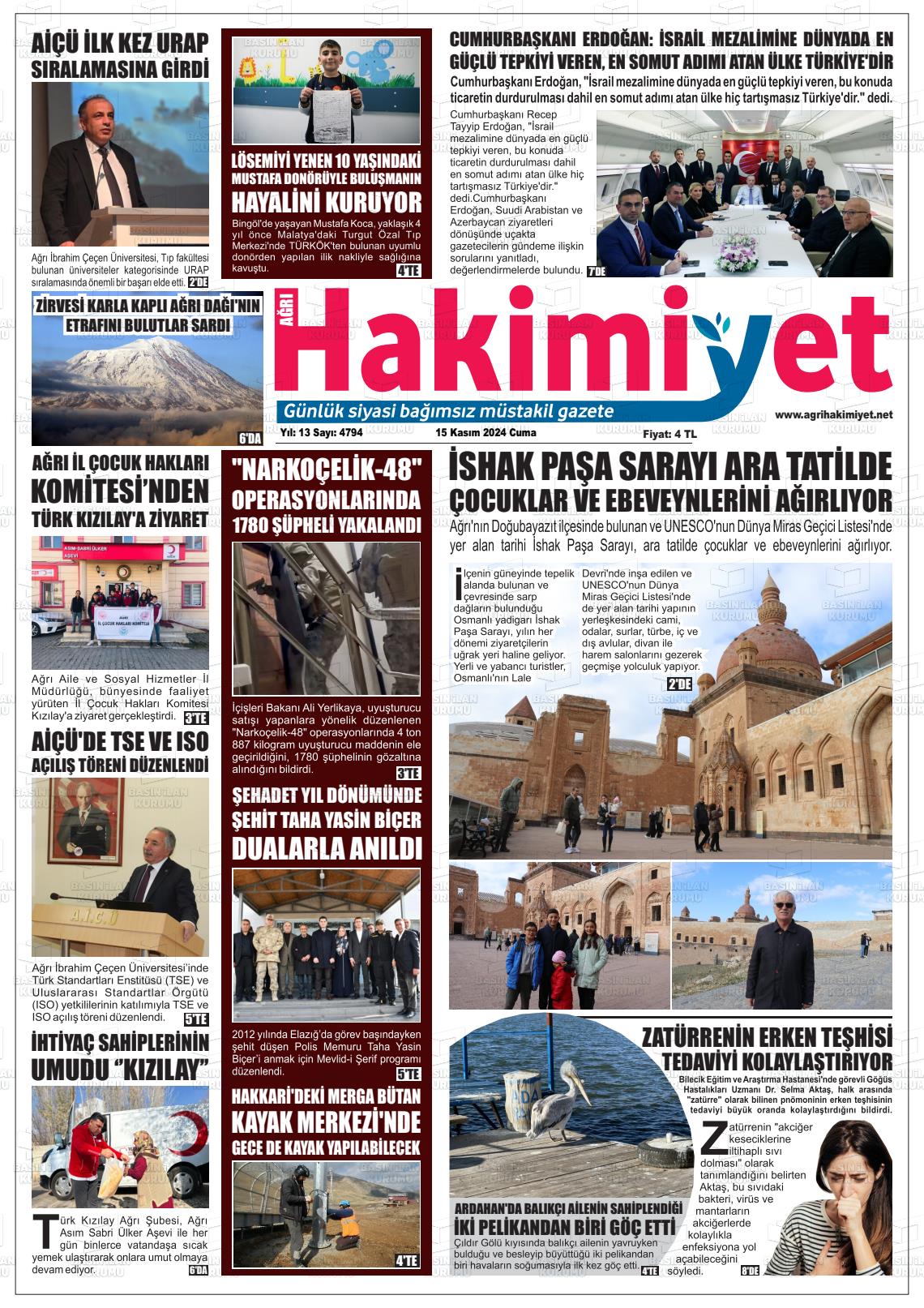 15 Kasım 2024 Ağrı Hakimiyet Gazete Manşeti