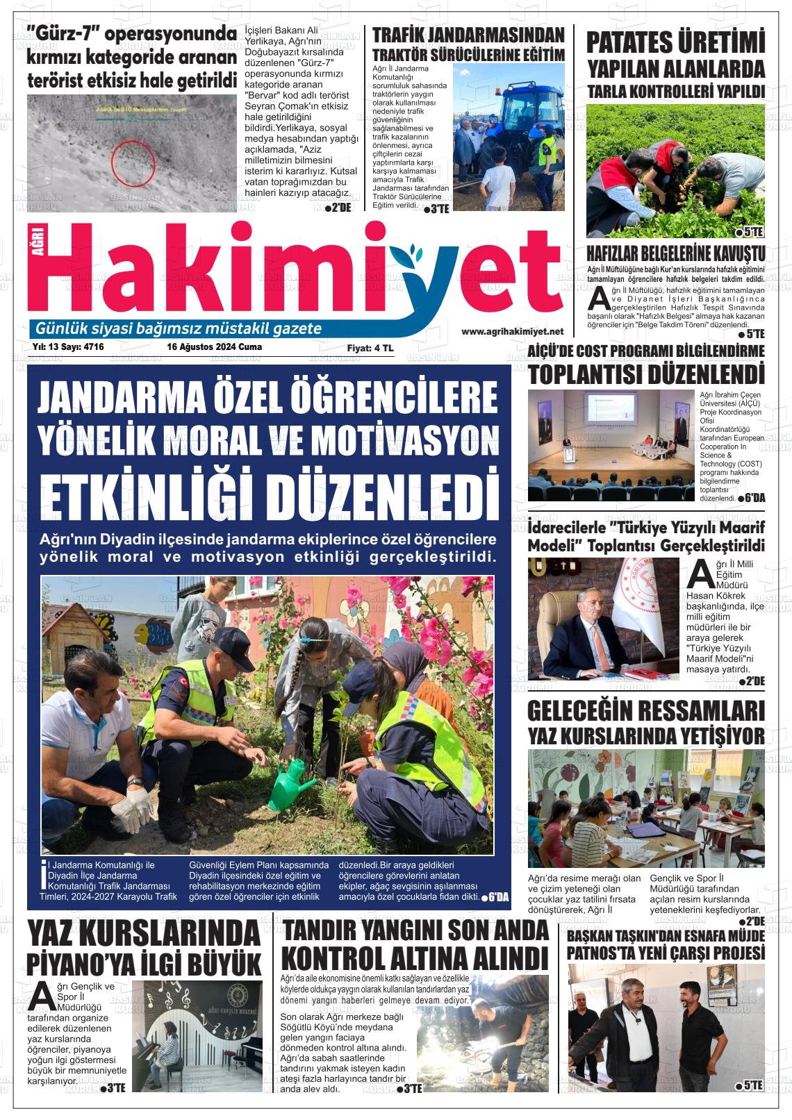 16 Ağustos 2024 Ağrı Hakimiyet Gazete Manşeti