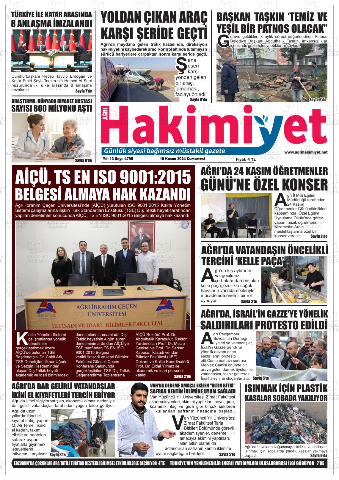 16 Kasım 2024 Ağrı Hakimiyet Gazete Manşeti